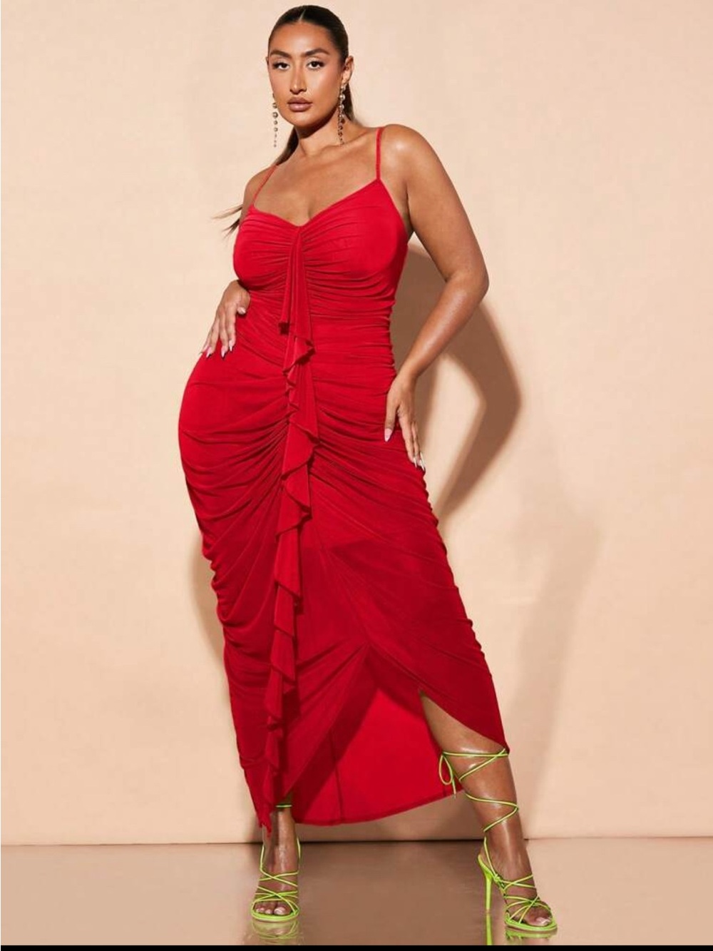SHEIN Red Ruched Ruffle Midi Dress - Picture 2 of 3